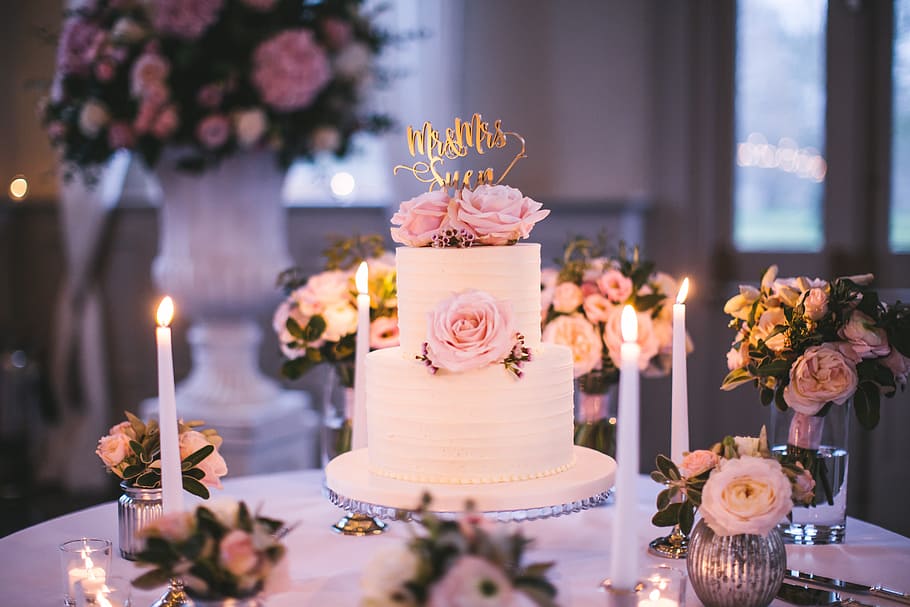 white pastry cake with flowers and candles, wedding, decoration HD wallpaper
