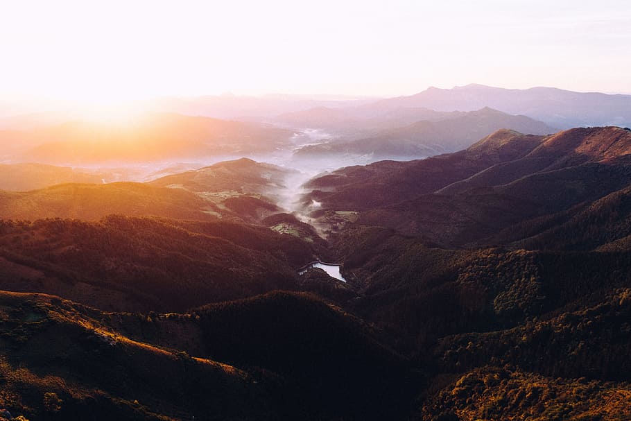 aerial photography of mountain and river view during daytime, aerial photo of mountains during daytime HD wallpaper