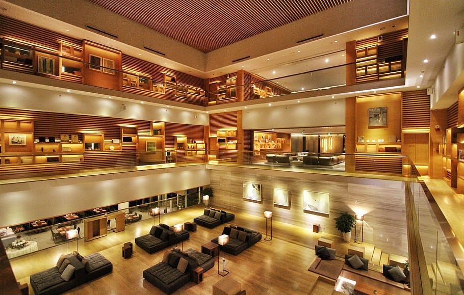 aerial photography of building lobby, hotel, the lobby, modern