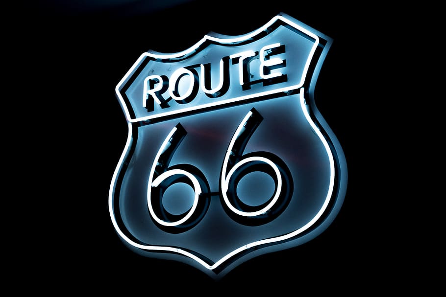 route 66, transport, neon light, bright, shine, black background, HD wallpaper