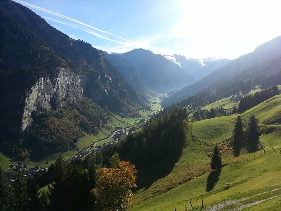 green mountains during daytime, trees, landscape, valleys, fields HD wallpaper