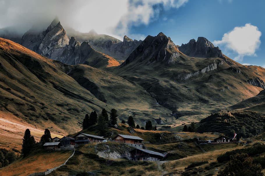 Brown House in Between of Mountains, adventure, climb, clouds HD wallpaper