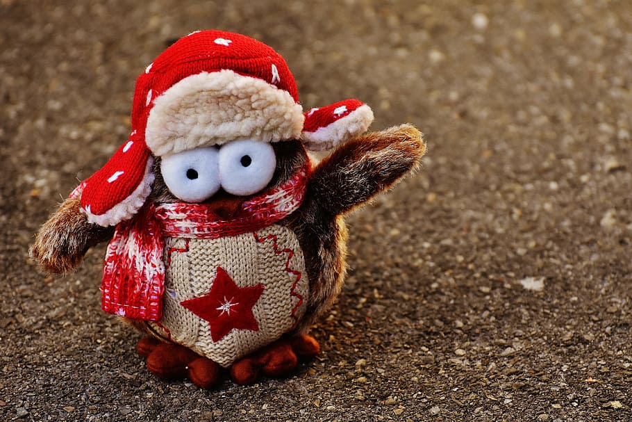 owl, plush, winter, funny, cap, scarf, bird, cute, decoration HD wallpaper