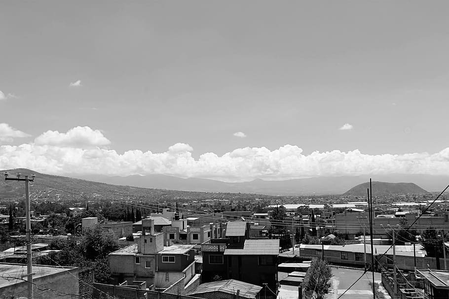 landscape, black and white, mountain, sky, people, architecture HD wallpaper