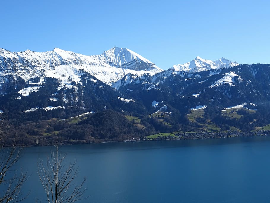 mountains, lake, alpine, weather, blue, sky, mountain range, HD wallpaper