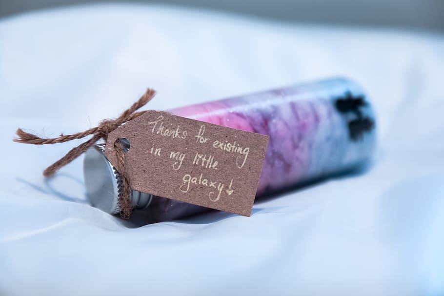 Brown Thank You Card on Pink and Blue Small Bottle, gift, macro HD wallpaper