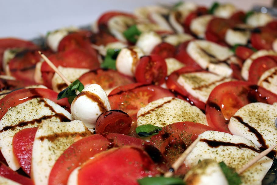 grilled vegetables, tomatoes, mozzarella, buffet, cold buffet HD wallpaper
