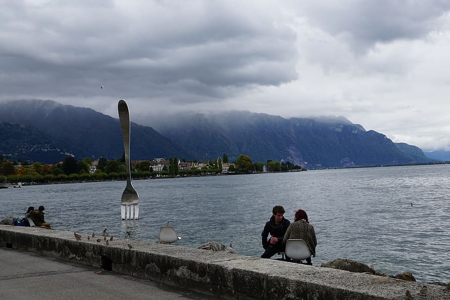 fork, pair, lake, lake geneva, vevey, switzerland, mood, tourists HD wallpaper
