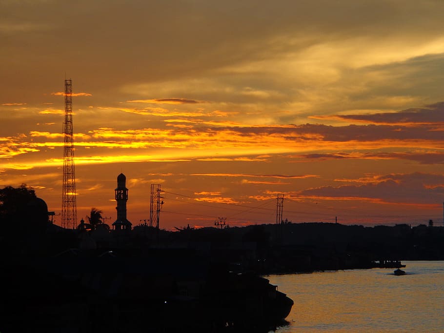 river, evening, water, sunset, travel, sky, city, blue, landscape HD wallpaper