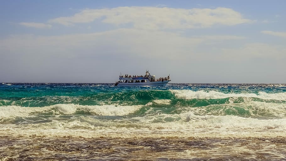 Waves, Coast, Sea, Beach, Nature, seascape, boat, scenery, horizon HD wallpaper