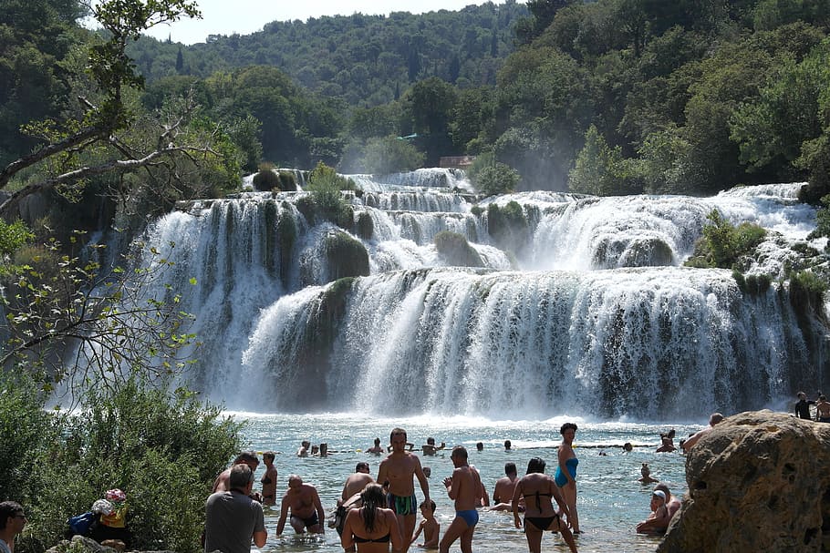 krka, trip, waterfall, visitors, tree, flowing water, scenics - nature HD wallpaper