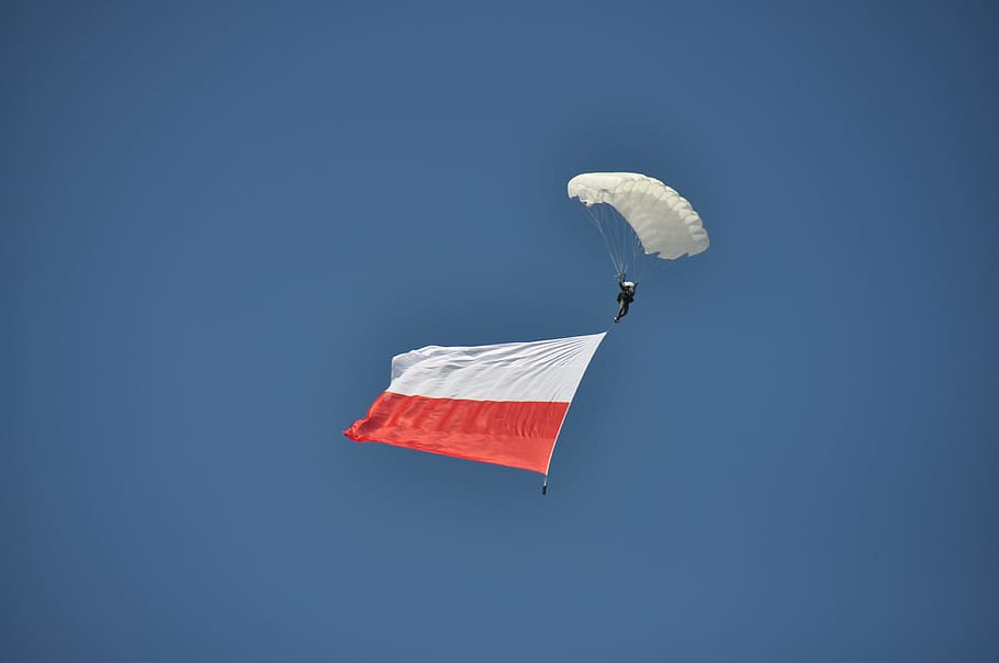 Flag, Poland, Sky, Blue, Parachute, dom, the feast of the, symbol HD wallpaper