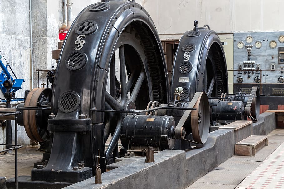 black metal machine inside room, wheel, old, equipment, industry HD wallpaper
