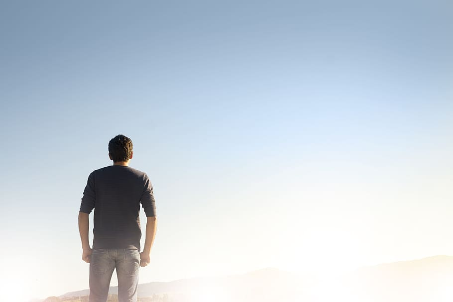 man standing on brown soil under blue sky, men, sadness, patience HD wallpaper