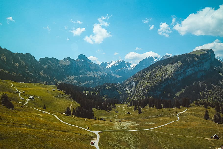 aerial photography of mountains, photo of green mountain and grass field during daytime HD wallpaper