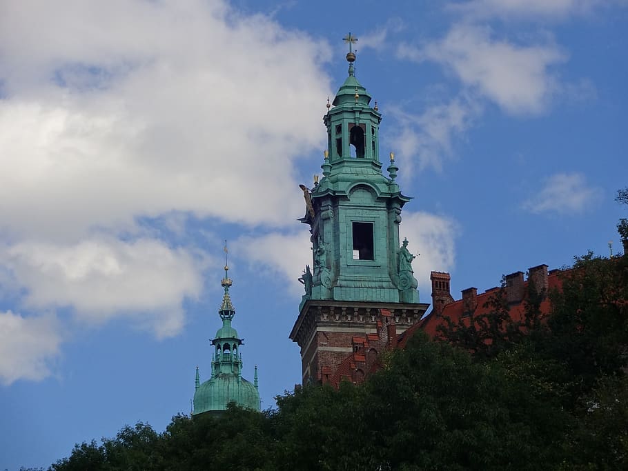 cathedral, krakow, cloud, sky, clouds, blue, white, solar, morning HD wallpaper