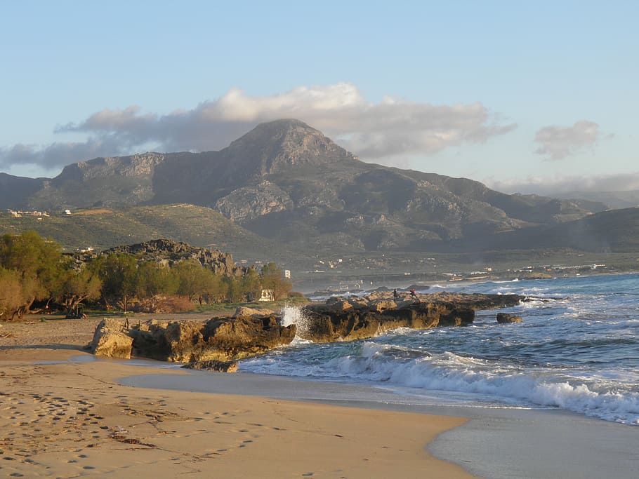 beach, crete, mediterranean, water, land, sea, mountain, sky HD wallpaper