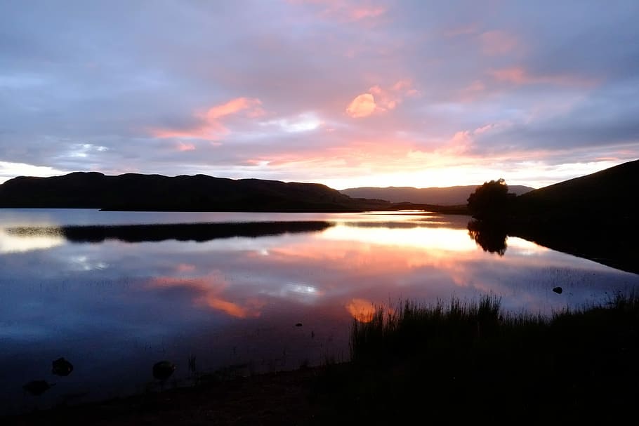 sunset, dawn, water, dusk, outdoors, loch, scotland, reflection HD wallpaper