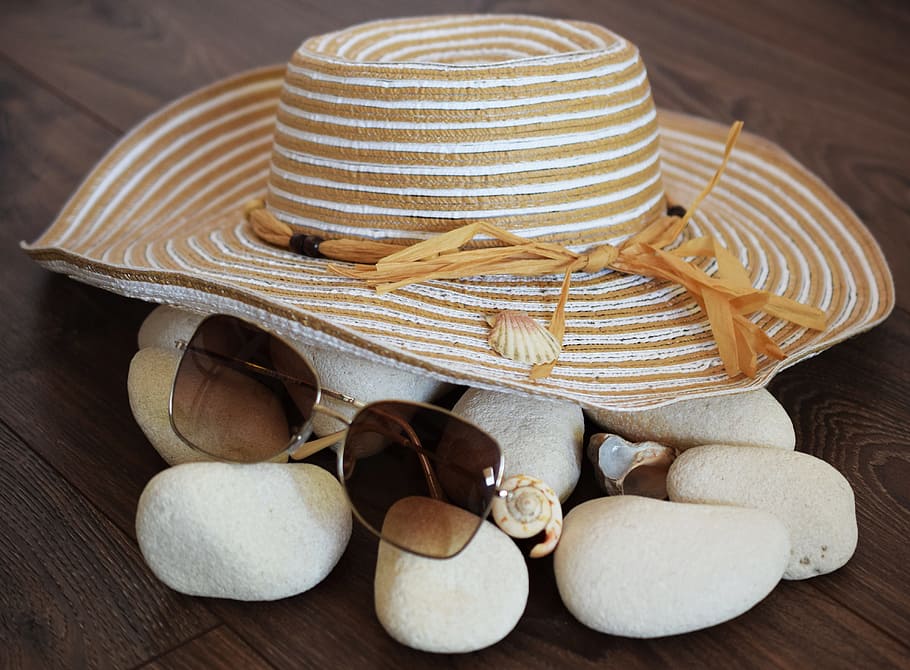 Hat, Glasses, Mussels, Beach, Stones, sea, vacation, holiday HD wallpaper