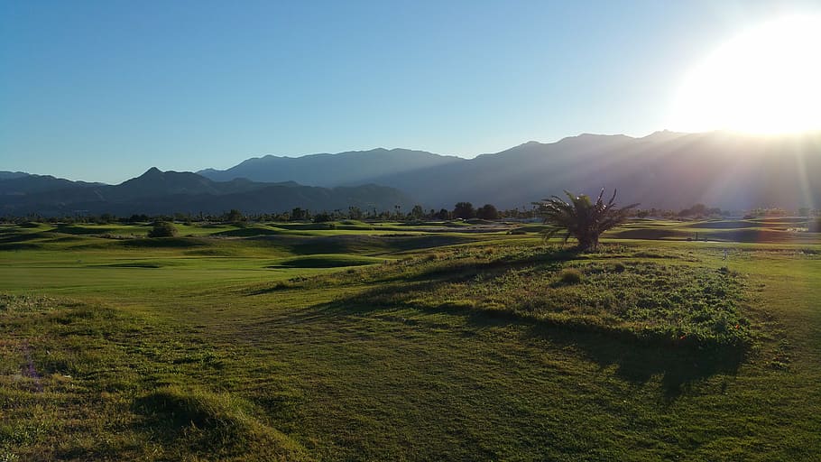 sunset, golf course, summer, sky, landscape, environment, mountain HD wallpaper