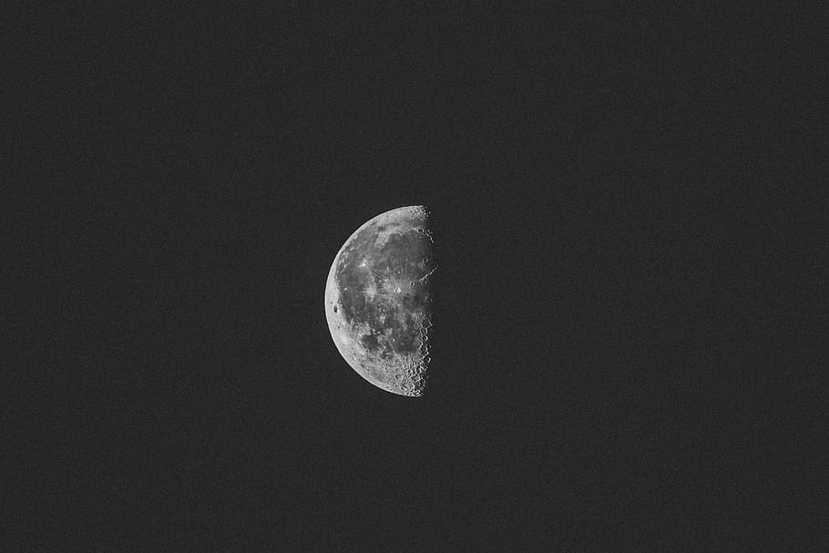 photo of half moon, grayscale photo of half moon, night, planet HD wallpaper