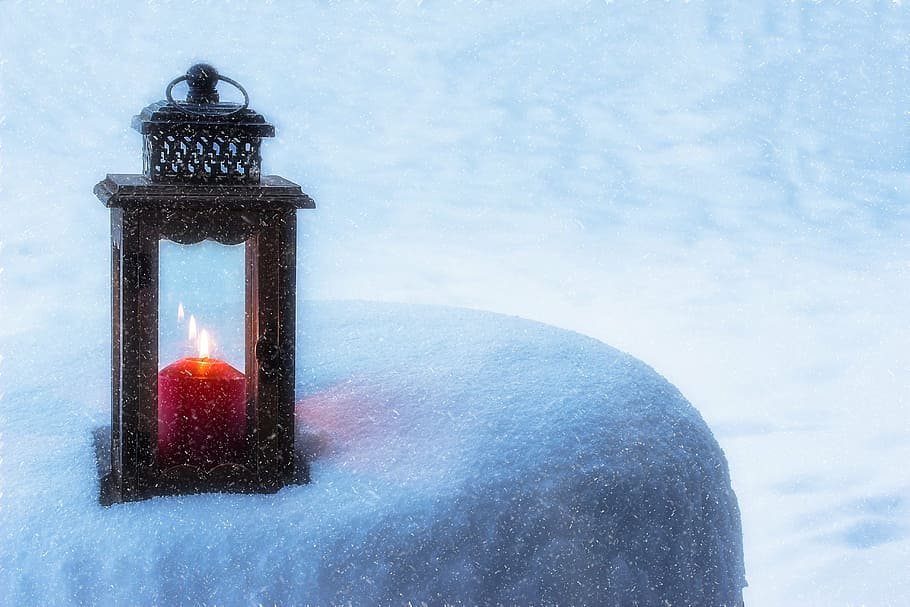 black candle lantern on white surface, light, mood, candlelight HD wallpaper