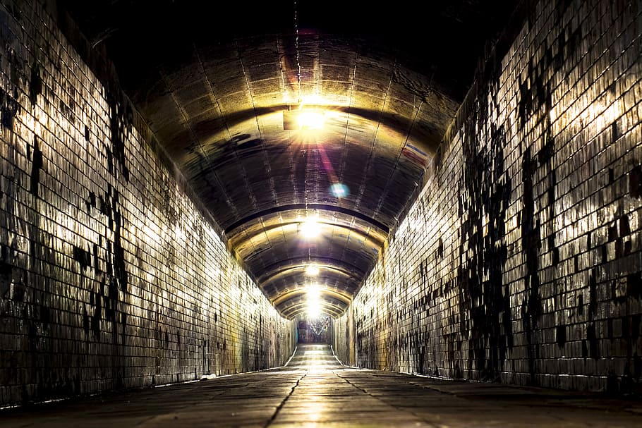 turned-on light bulb, tunnel, underpass, passage, freiberg HD wallpaper