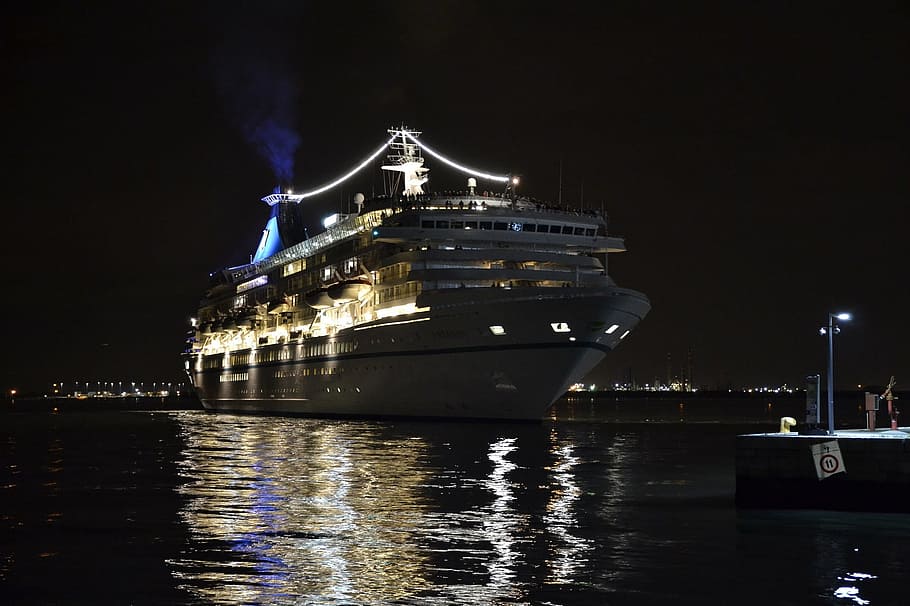 white cruise ship, dock, night, reflection, water, lights, vessel