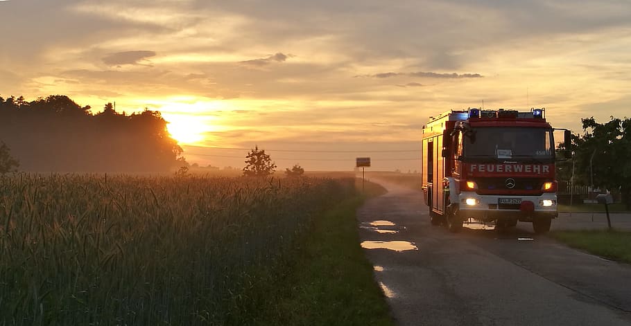 red fire engine near grass field, Fire Truck, Sunset, use, romance HD wallpaper