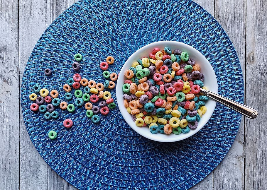 close-up photo of white ceramic bowl on blue mat, cereal, breakfast HD wallpaper