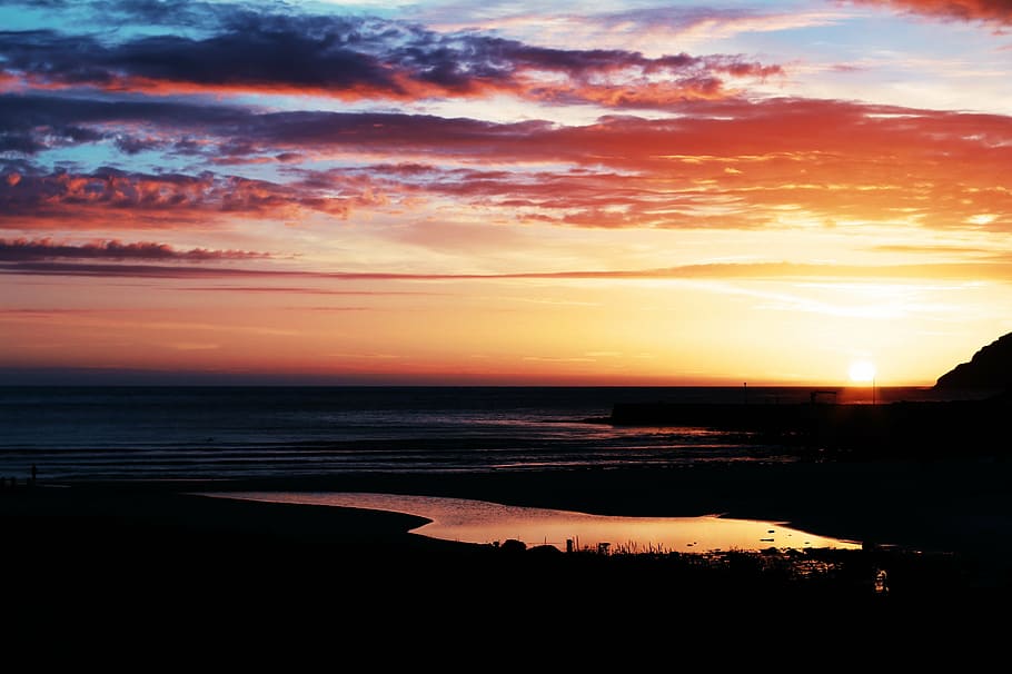 body of water during sunrise, landscape, photography, silhouette HD wallpaper