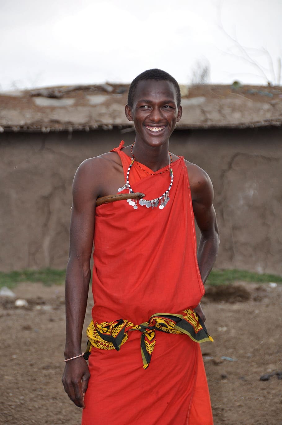 smiling man wearing orange dress, Masai Warrior, happy, culture