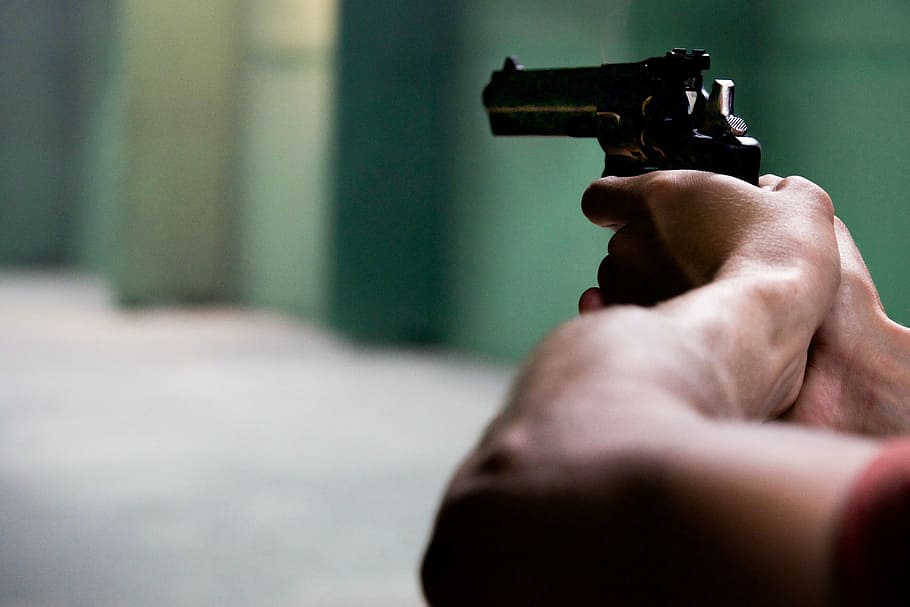 person holding silver gun, hands, black, weapon, man, crime, pistol, HD wallpaper