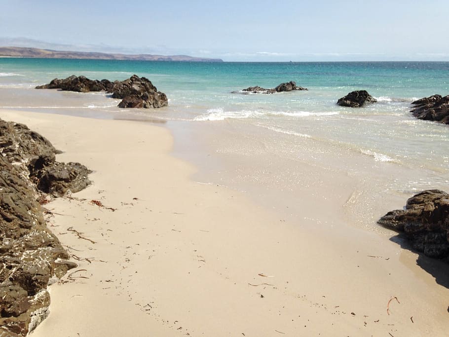 calm body of water, Seaside, Blue Sky, sandy beach, white sand, HD wallpaper