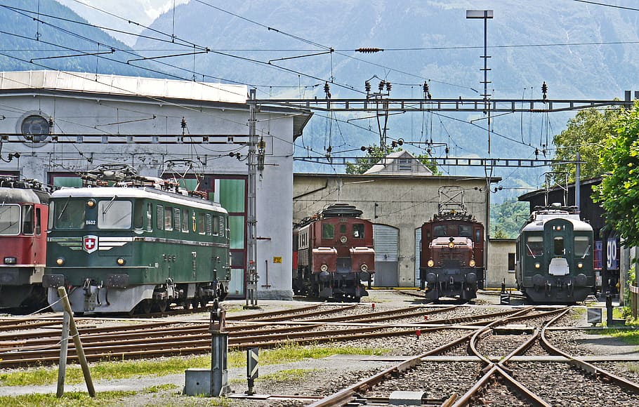 trains on railway, sbb historic, depot of erstfeld, uri, switzerland