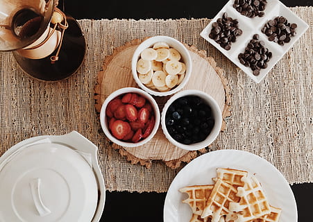 foods on cups and saucers, banana and strawberries slice fruits HD wallpaper