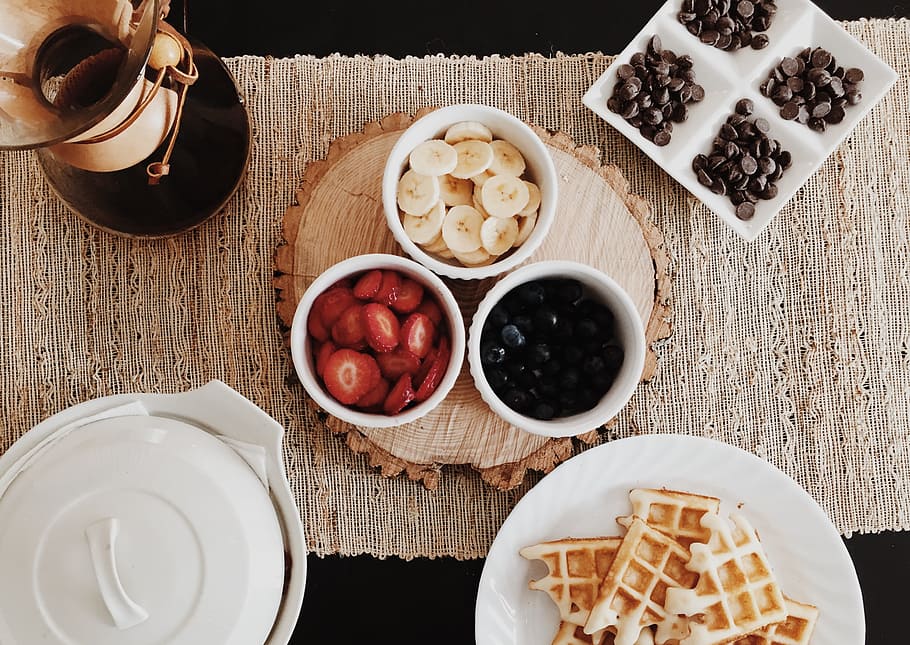 foods on cups and saucers, banana and strawberries slice fruits HD wallpaper