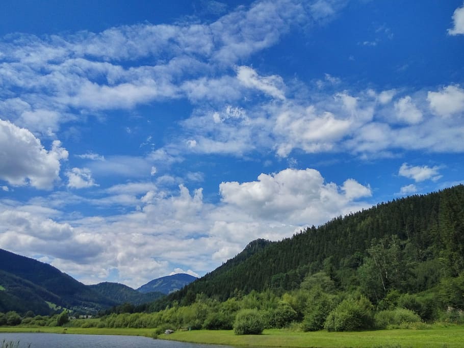 sky, clouds, blue, clouds form, landscape, forest, river, water HD wallpaper