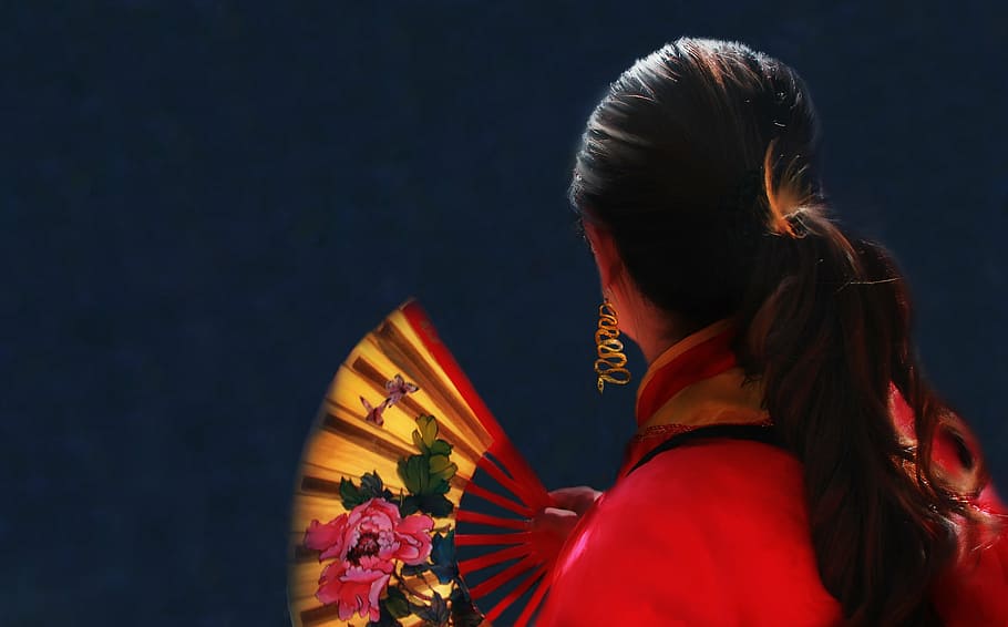 woman' holding floral folding hand fan, red, gold, hair, ponytail, HD wallpaper