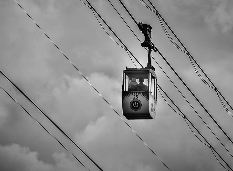 cable car, man, child, sky, black white, contrast, ropes, power line HD wallpaper
