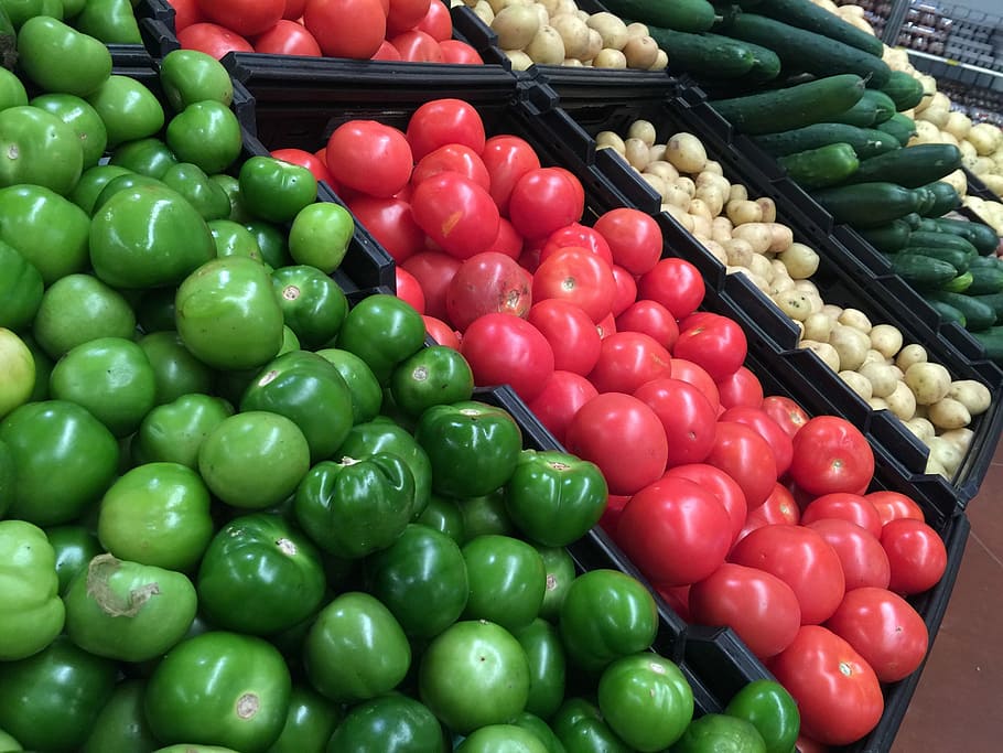 Tomatoes, Potatos, Vegetables, food and drink, green color HD wallpaper