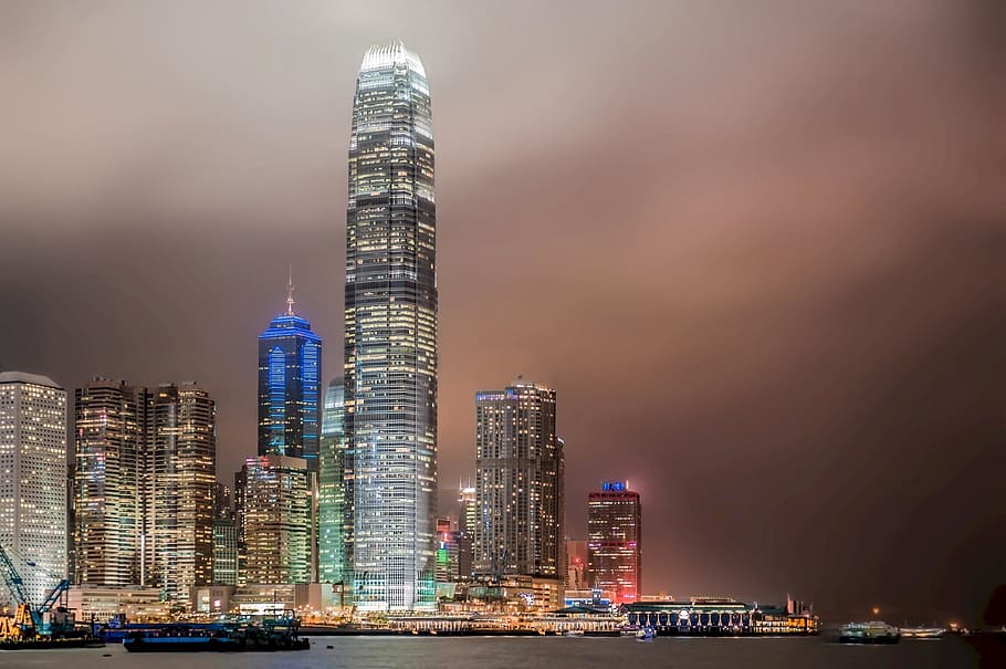 lighted cities photography, hong kong, skyscrapers, night, typhoon HD wallpaper