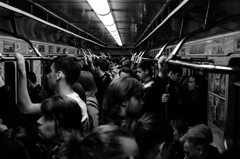 grayscale photography of people riding train, grayscale photography of people standing inside the train, HD wallpaper