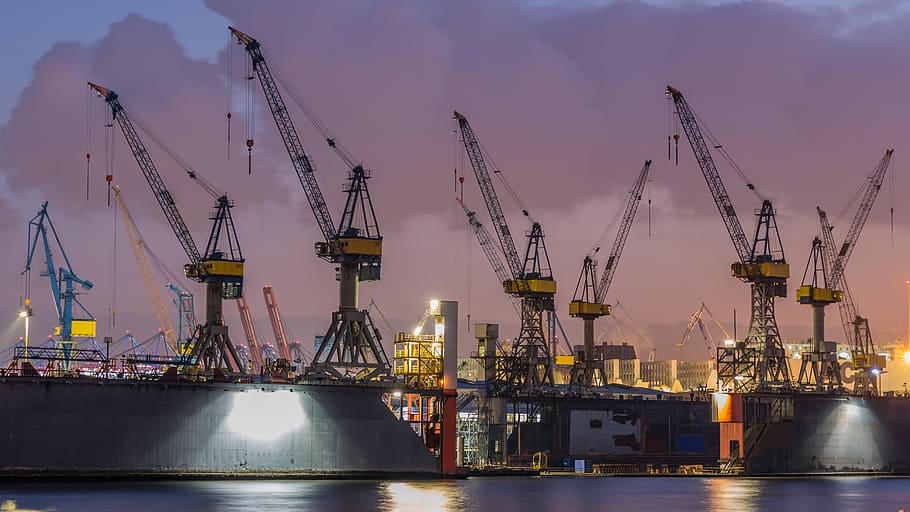 port, crane, industry, ship, send, hamburg, transportation HD wallpaper