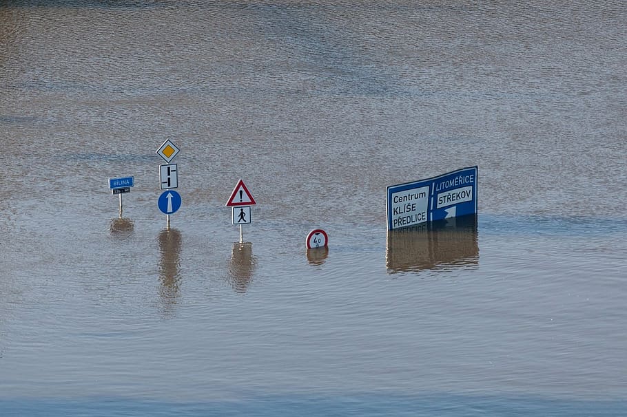 several signages, climate, danger, disaster, environment, flood, HD wallpaper