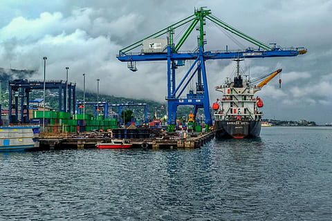 ship, cargo, port, crate, boxed, ambon, the sea, transportation HD wallpaper