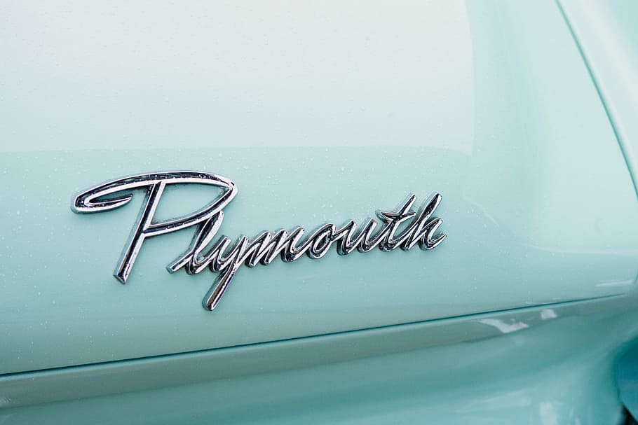 Plymouth emblem, closeup photo of chrome Plymouth emblem, turquoise HD wallpaper