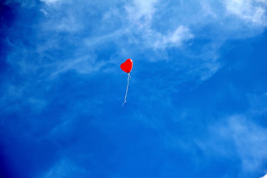 red heart balloon on air, love, romance, sky, heart shaped, romantic, HD wallpaper