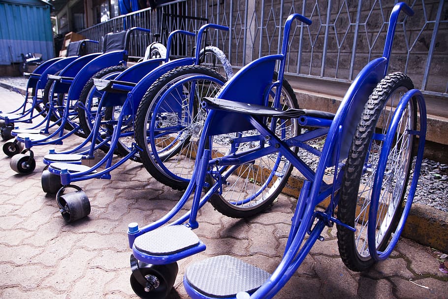 Blue Wheel Chairs, business, close-up, disability, disabled, empty, HD wallpaper