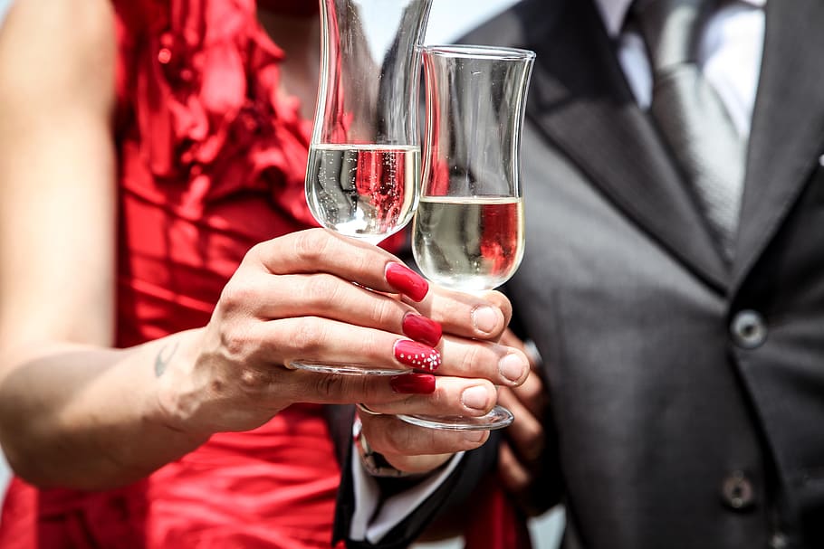 man and woman holding glass of champagne, ceremony, wedding HD wallpaper